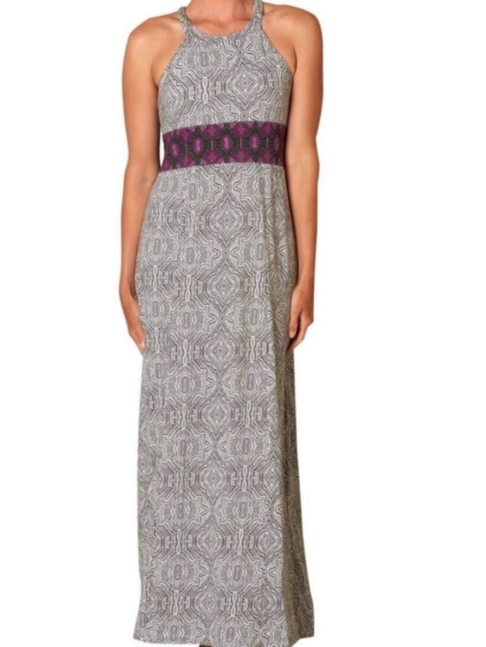 PrAna Skye Maxi Dress Gravel Gray Halter Empire Waist Boho Travel Size L